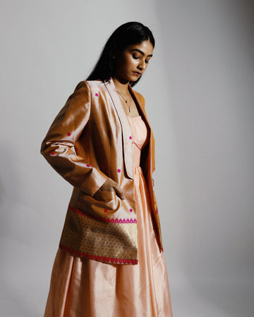 Beige Pink floral Mulberry Silk Jacket with Border
