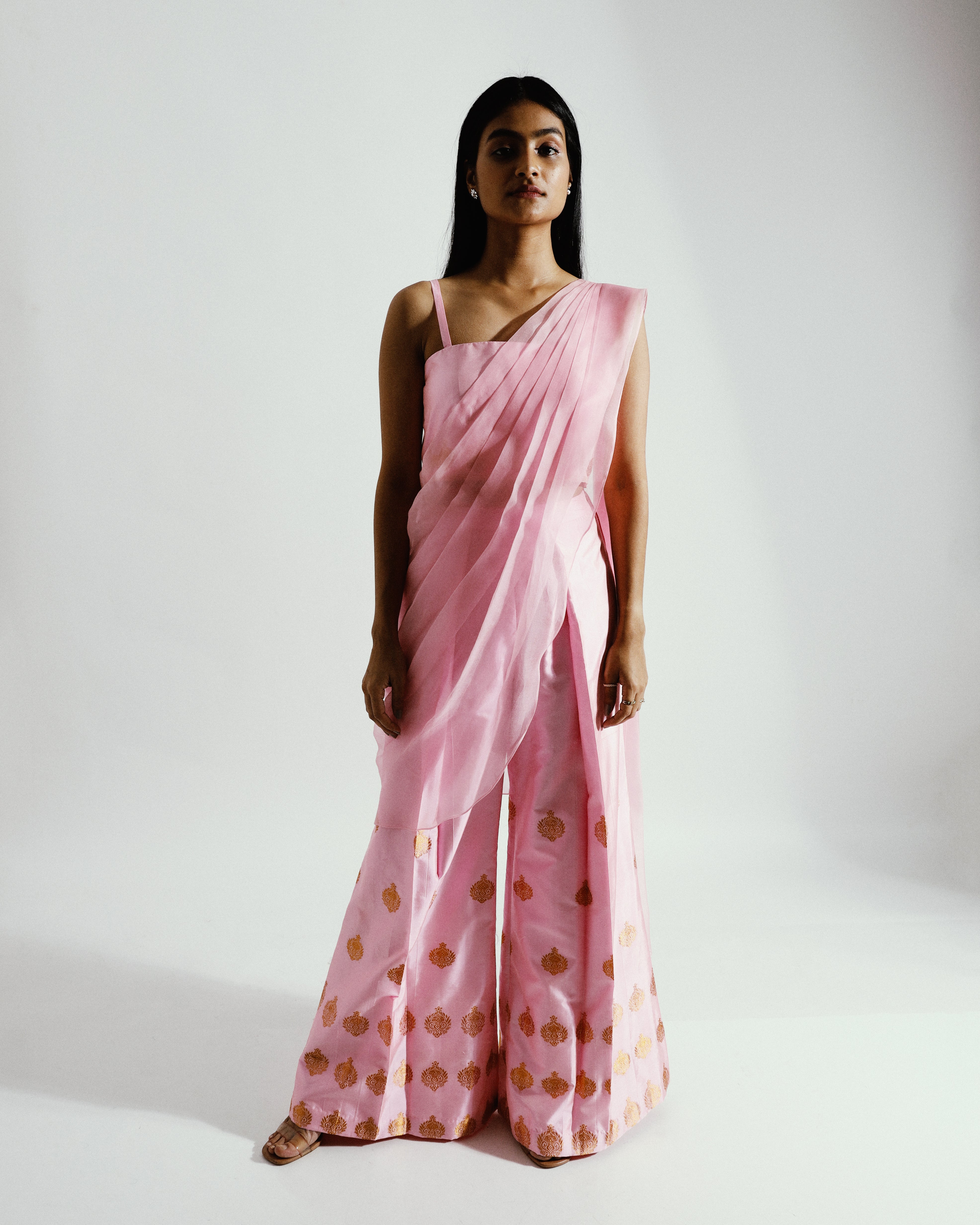 Suruchi Parakh Georgette Crepe Pre-draped Pant Saree Set | Blue, Sequin,  Georgette Crepe, Leaf, Full | Pant saree, Embellished blouse, Party dress  classy