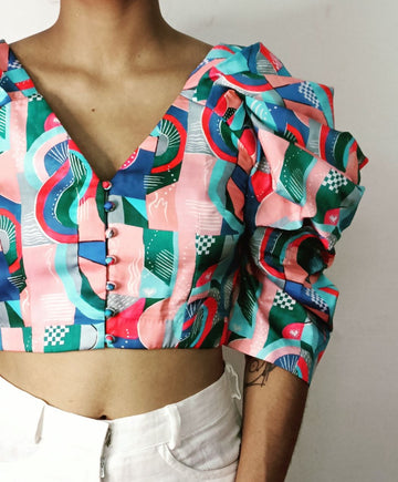 Abstract Print Flared Sleeve Crop-top