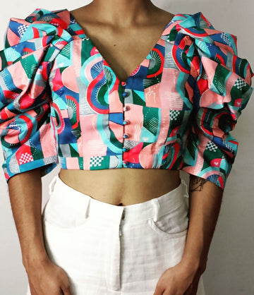 Abstract Print Flared Sleeve Crop-top