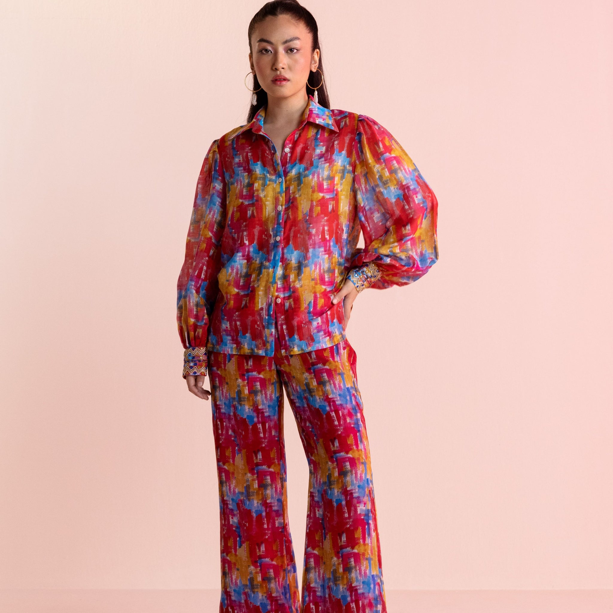 Multi Hued  Brush Stroke Print Shirt with Embroidery and Pants set