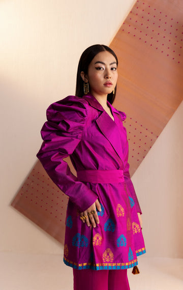 Pink Mulberry Silk Flared Sleeve Long Jacket/Kurta with Sharara
