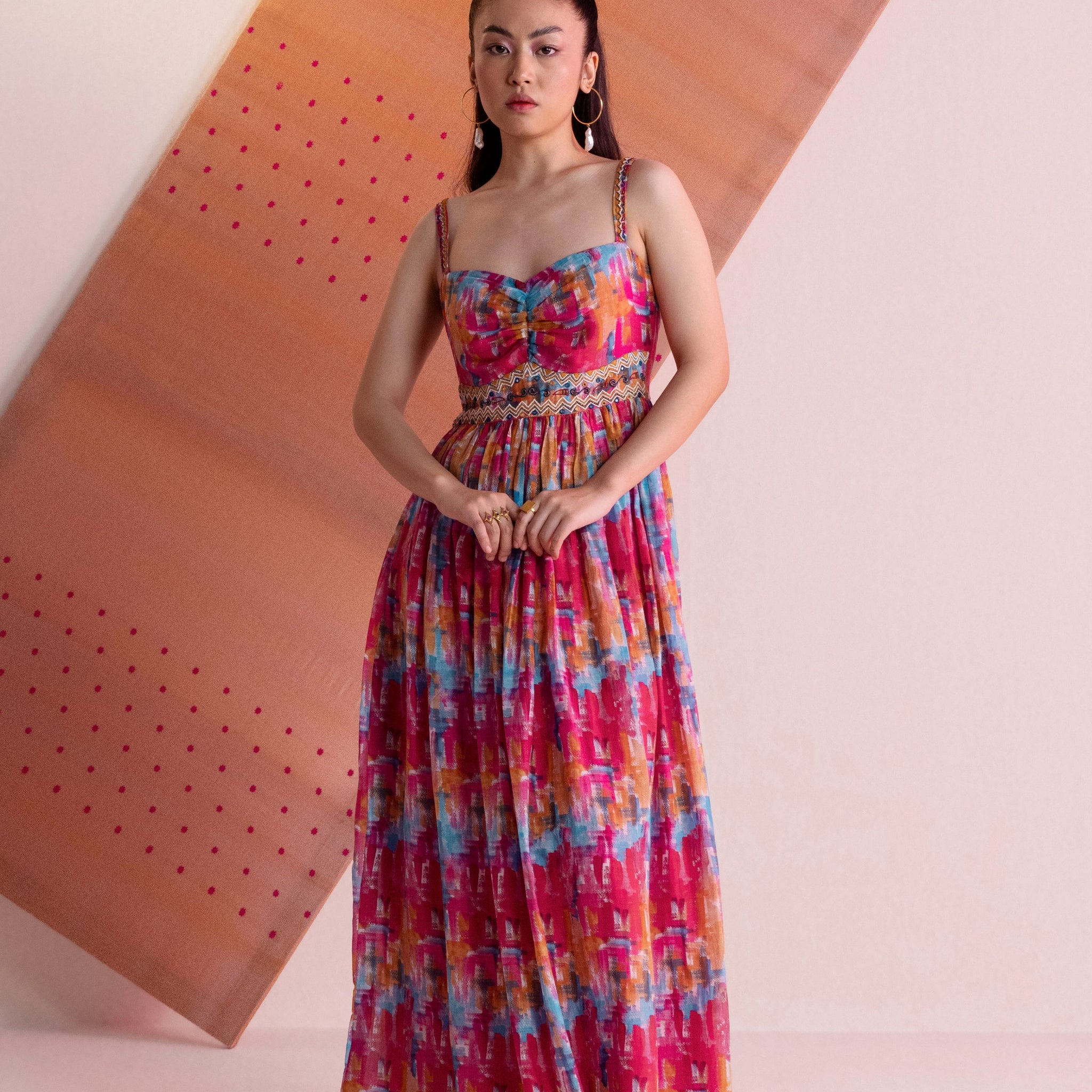 Multi Hued  Brush Stroke Print Maxi Gown with Embroidery